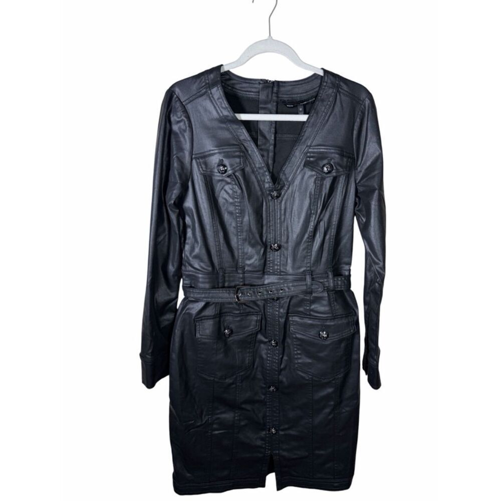 White House Black Market Faux Leather Black Convertible Dress/Trenchcoat  Sz 12